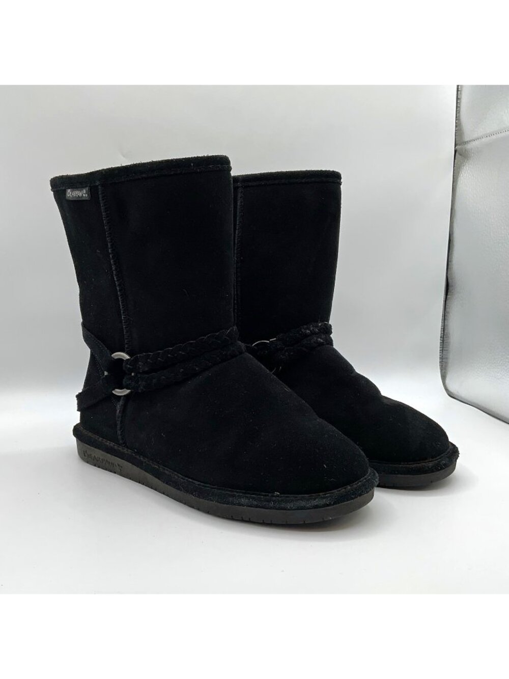 BEARPAW Adele (1258W) Black Suede Shearling Lined Mid-Calf Boots Strap US 8